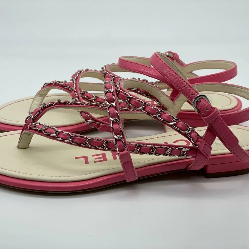 CHANEL 19P Leather Chain Strappy Thong Flat Sandals Shoes - Picture 6 of 10